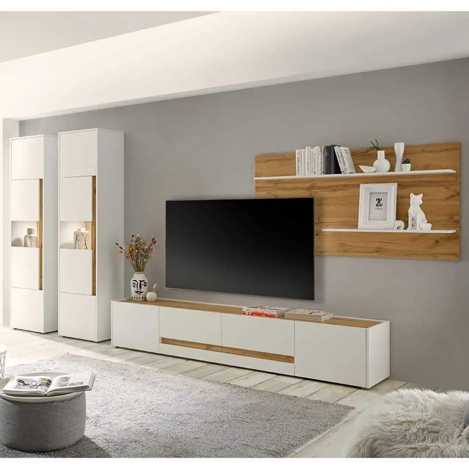 Stylische Wohnwand in Weiß & Wildeiche - Nonessia (vierteilig)^Wohnen Hot