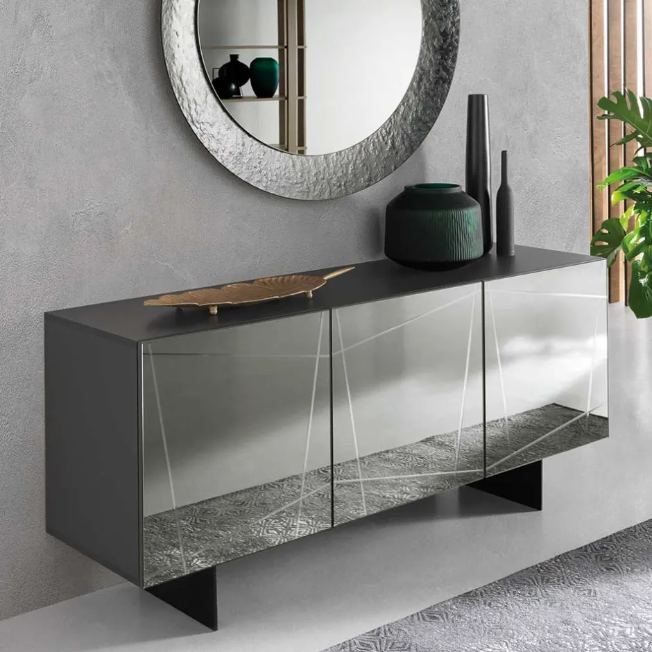 Stylisches Sideboard mit Spiegel Front in Rauchgrau - Odangelo^Wohnen Discount