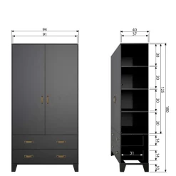 Wohnen Teilmassiver 94x180x40 Kiefernholz Kleiderschrank in Schwarz - Ilvessino