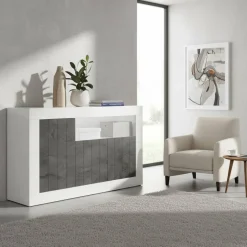 Wohnen 3-türige Kommode in Hochglanz Weiß & Grau - Voskala