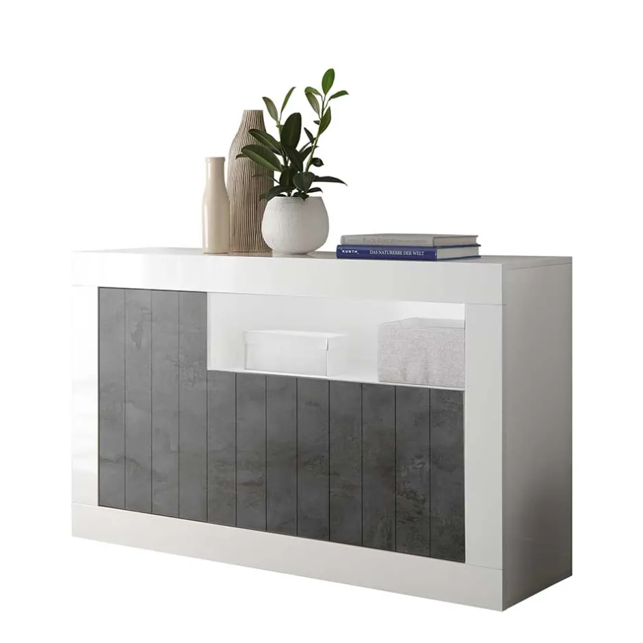 Wohnen 3-türige Kommode in Hochglanz Weiß & Grau - Voskala
