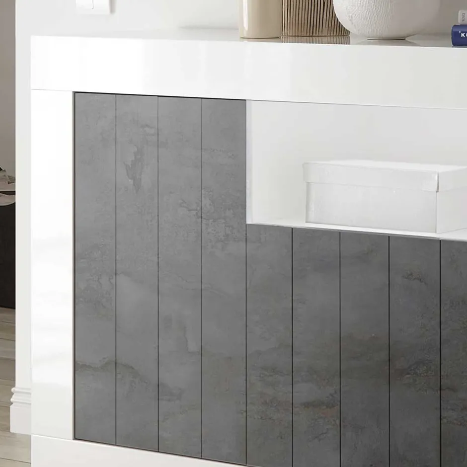 Wohnen 3-türige Kommode in Hochglanz Weiß & Grau - Voskala