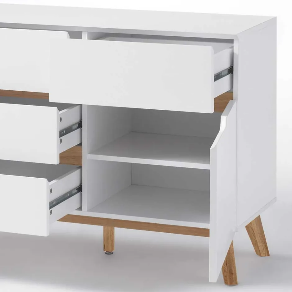 2-türige Retro Kommode mit 5 Schubladen Flacon in Weiß^Wohnen