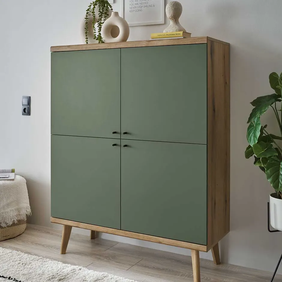 4-türiges Highboard in Graugrün und Wildeiche - Oliva^Wohnen Sale