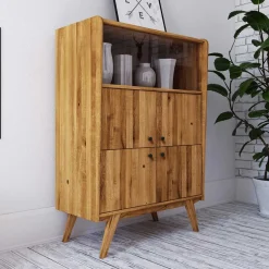 Wohnen 6-türiges Mid Century Highboard aus Glas & Holz - Hardus