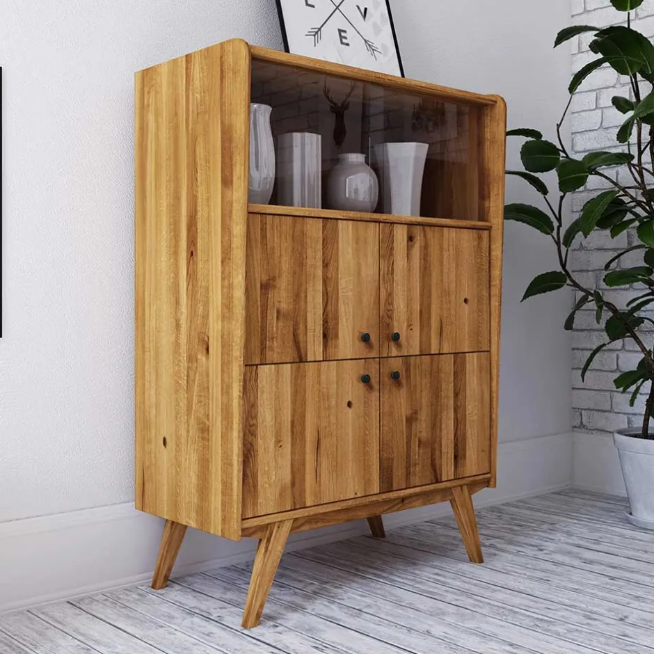 Wohnen 6-türiges Mid Century Highboard aus Glas & Holz - Hardus