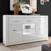 Wohnen 3-türiges Sideboard in Hochglanz Weiß & Glas Yulis mit 2 Schubladen
