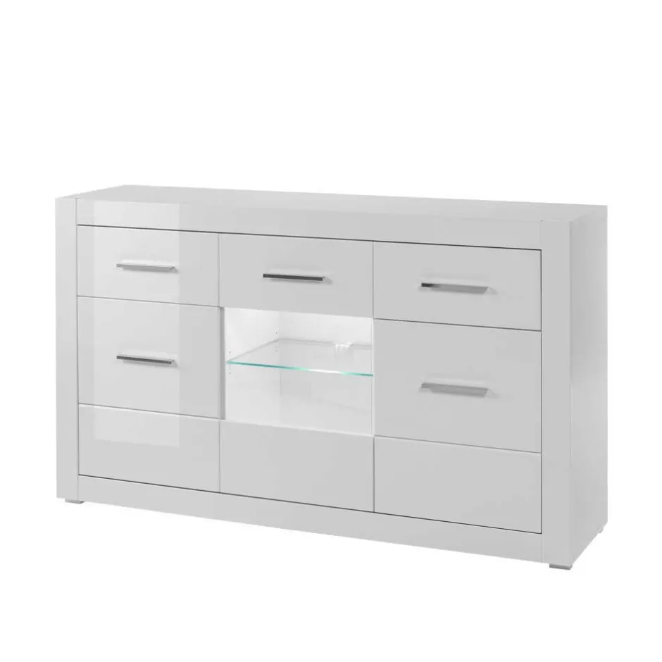 Wohnen 3-türiges Sideboard in Hochglanz Weiß & Glas Yulis mit 2 Schubladen