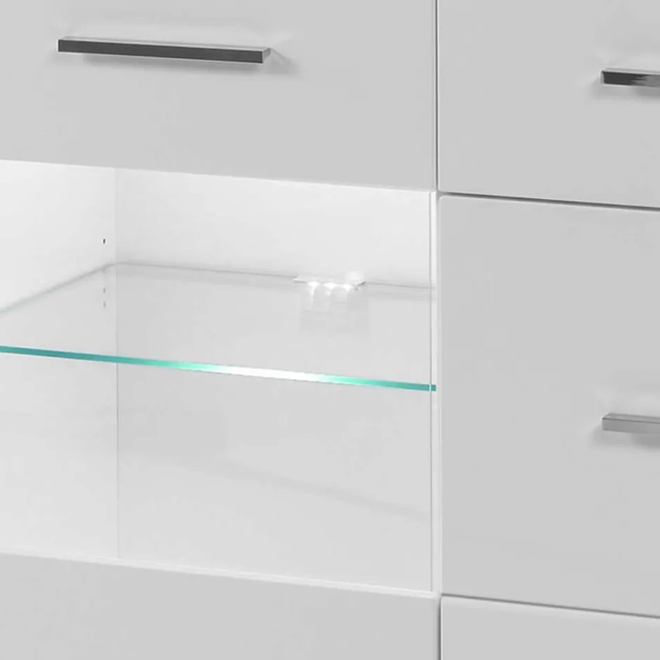 Wohnen 3-türiges Sideboard in Hochglanz Weiß & Glas Yulis mit 2 Schubladen