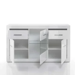 Wohnen 3-türiges Sideboard in Hochglanz Weiß & Glas Yulis mit 2 Schubladen