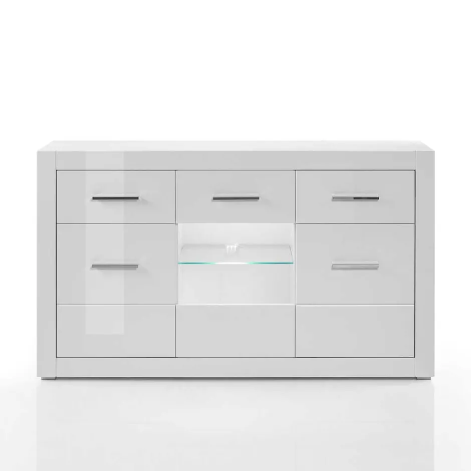 Wohnen 3-türiges Sideboard in Hochglanz Weiß & Glas Yulis mit 2 Schubladen