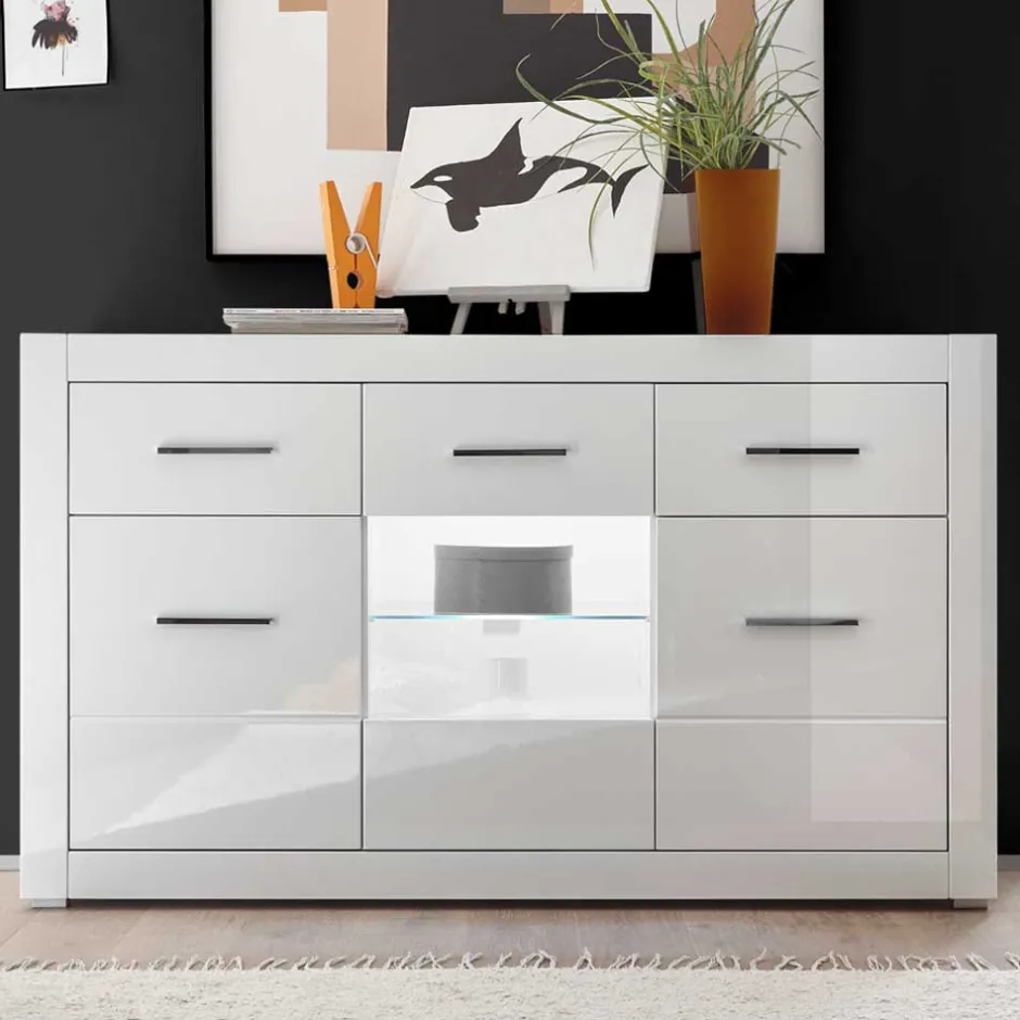 Wohnen 3-türiges Sideboard in Hochglanz Weiß & Glas Yulis mit 2 Schubladen