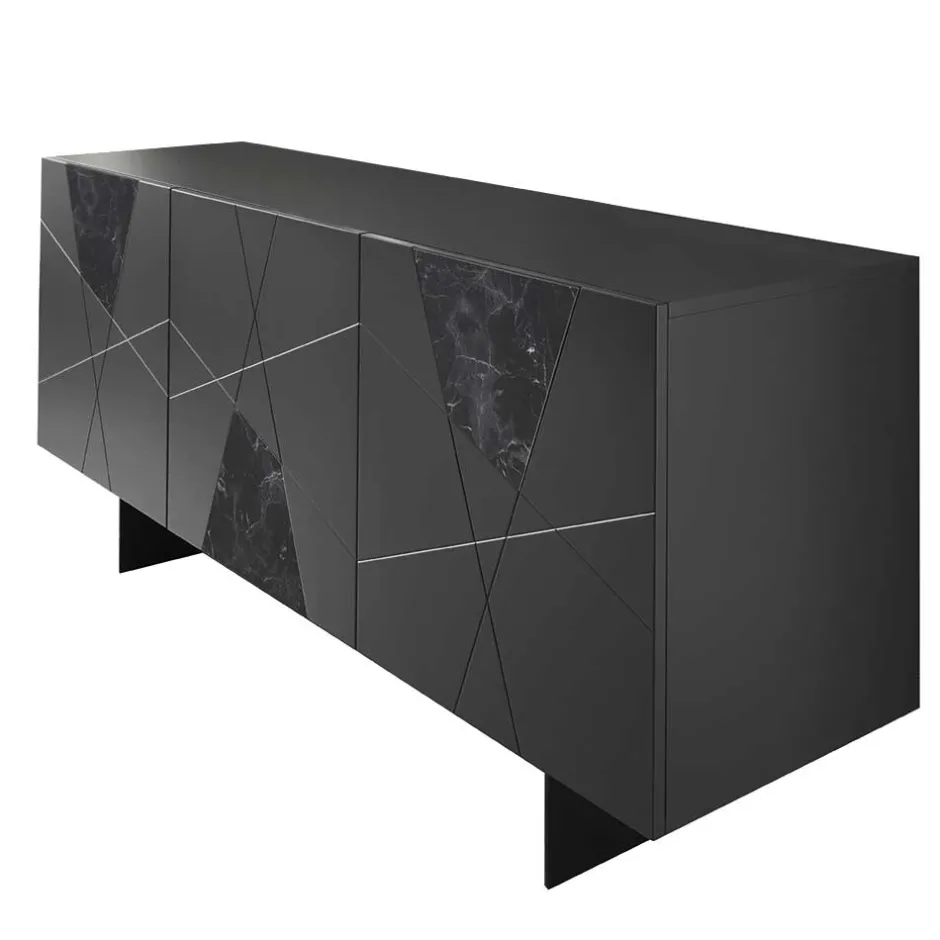 Wohnen 3-türiges Sideboard mit Marmor Einsätzen Schwarz - Wakes