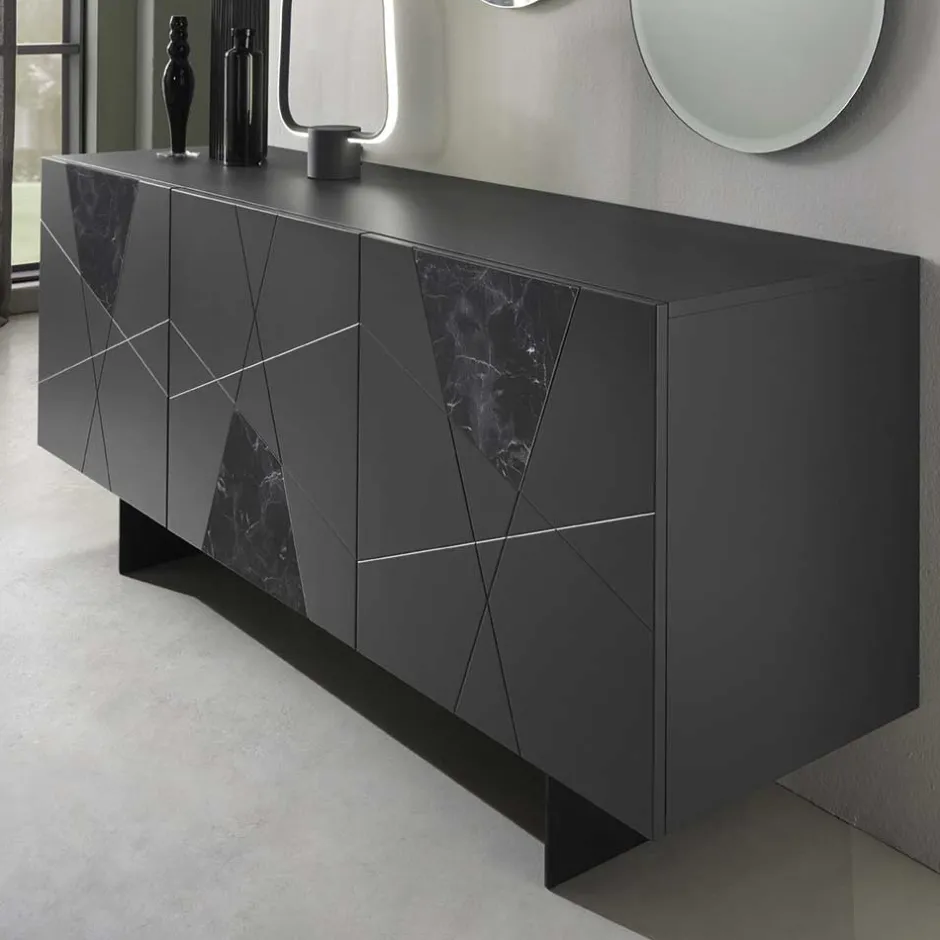 Wohnen 3-türiges Sideboard mit Marmor Einsätzen Schwarz - Wakes