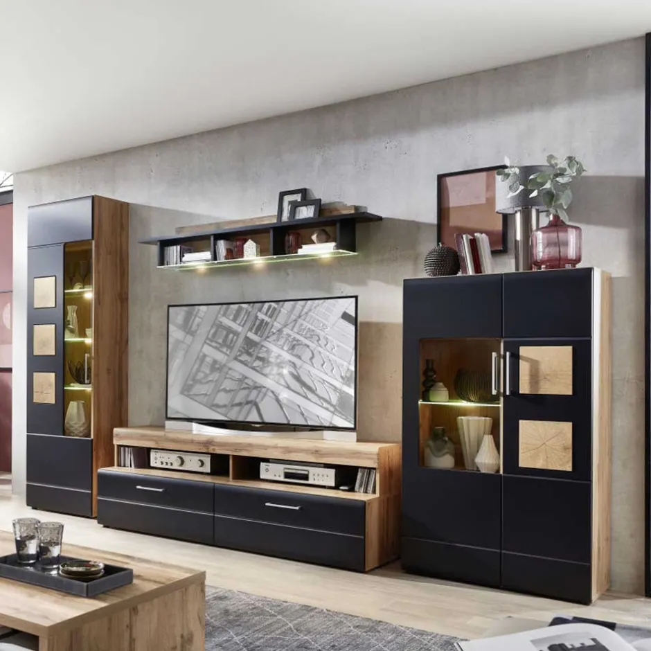 Wohnen TV Anbauwand in Schwarz & Wildeiche - Kandu (vierteilig)