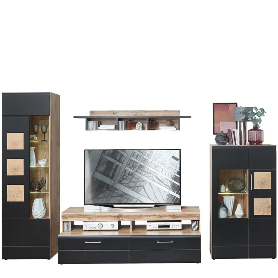 Wohnen TV Anbauwand in Schwarz & Wildeiche - Kandu (vierteilig)