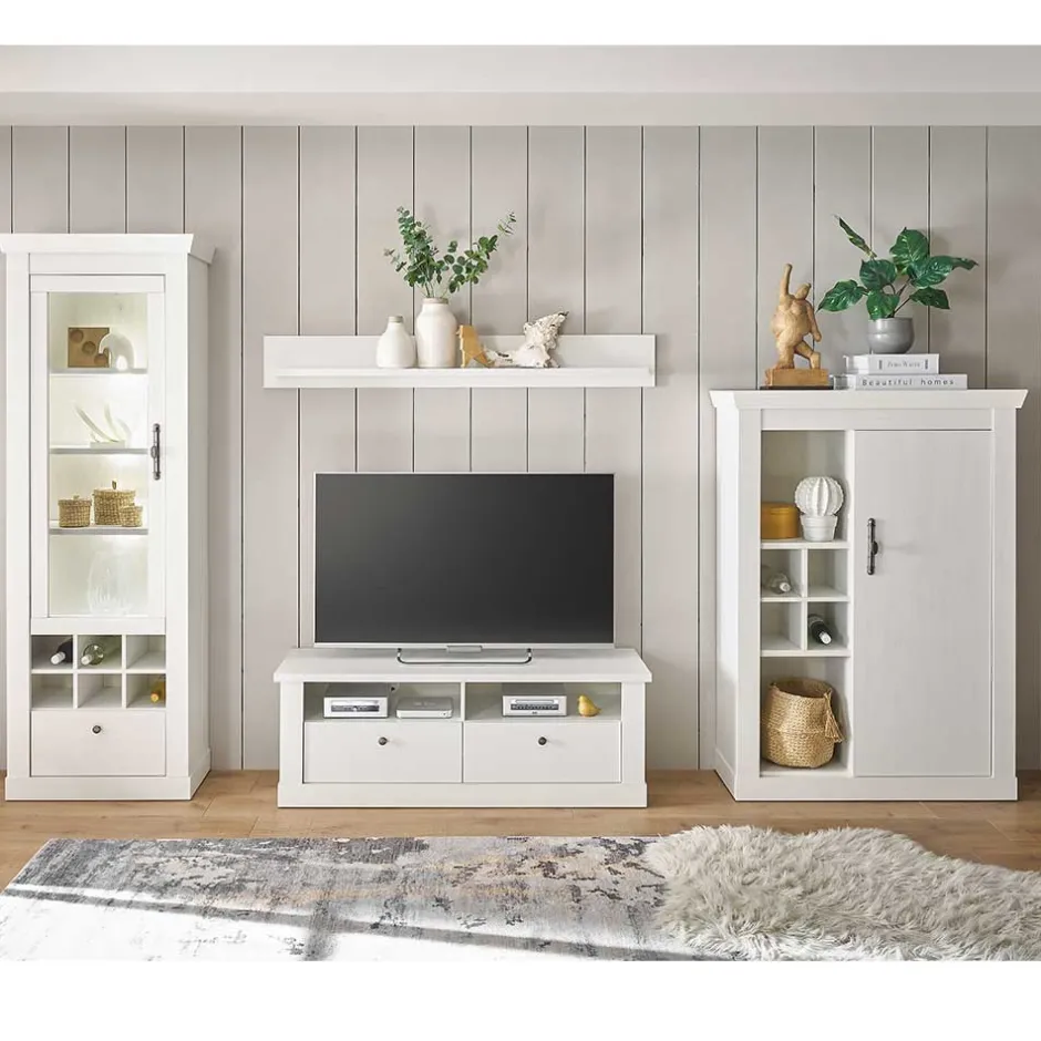 Wohnen TV Anbauwand Set in weißer Holzoptik Pinie - Liancos (vierteilig)
