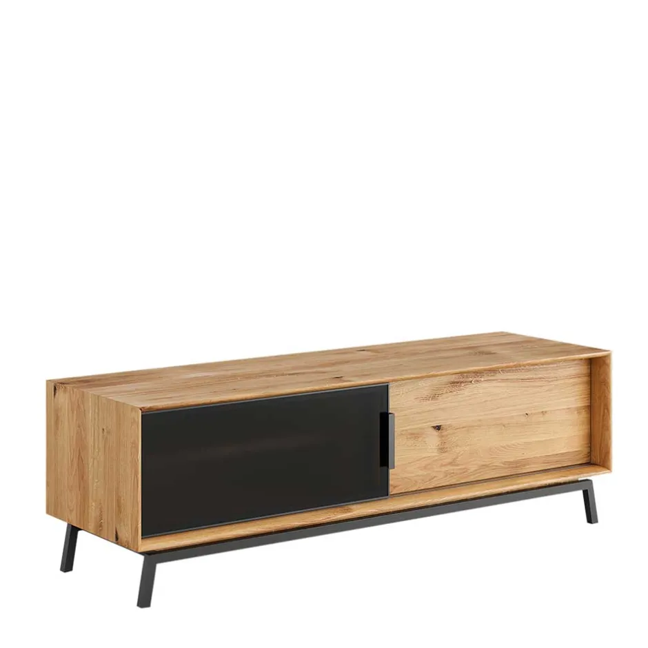 Wohnen TV Board mit Schiebetüren aus getöntem Glas & Eiche - Fabiella