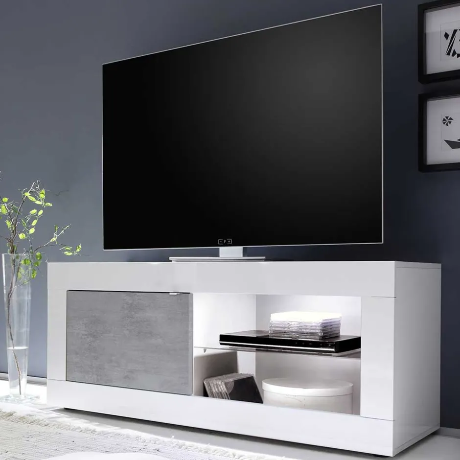 Wohnen TV Element in Weiß HG mit Beton Dekor - Narandu