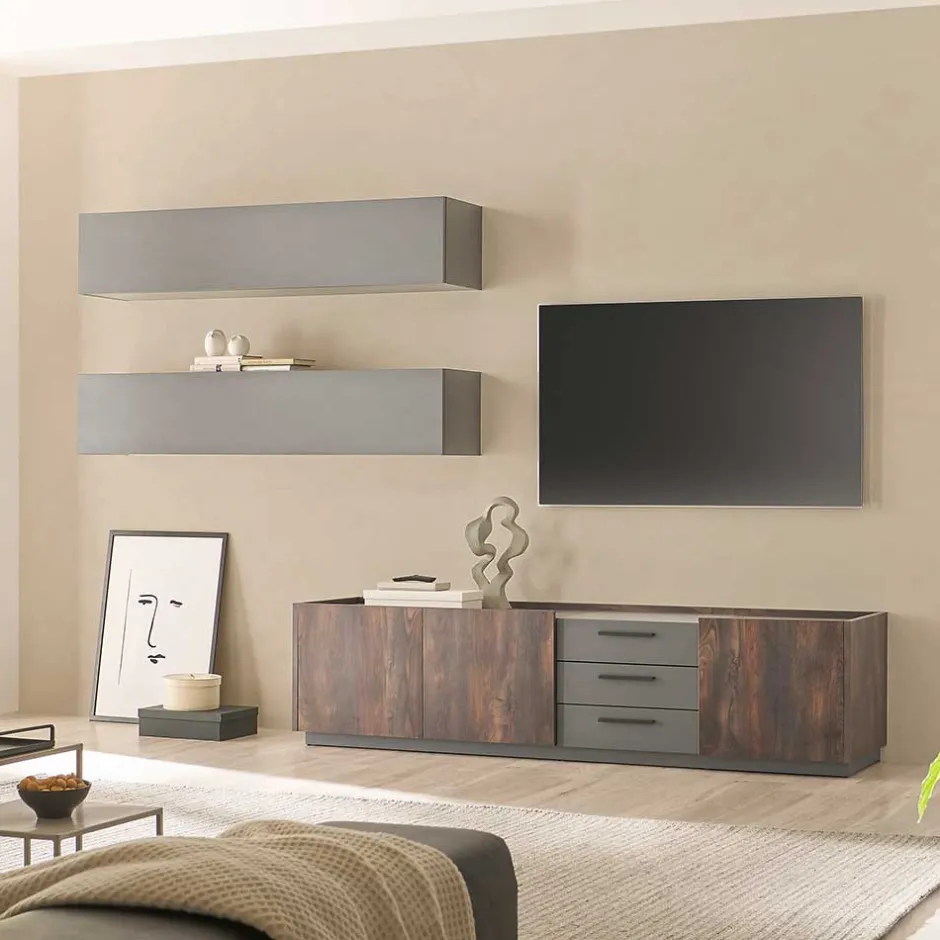 Wohnen TV Kommode und Hängeschränke Set - Mundo (dreiteilig)