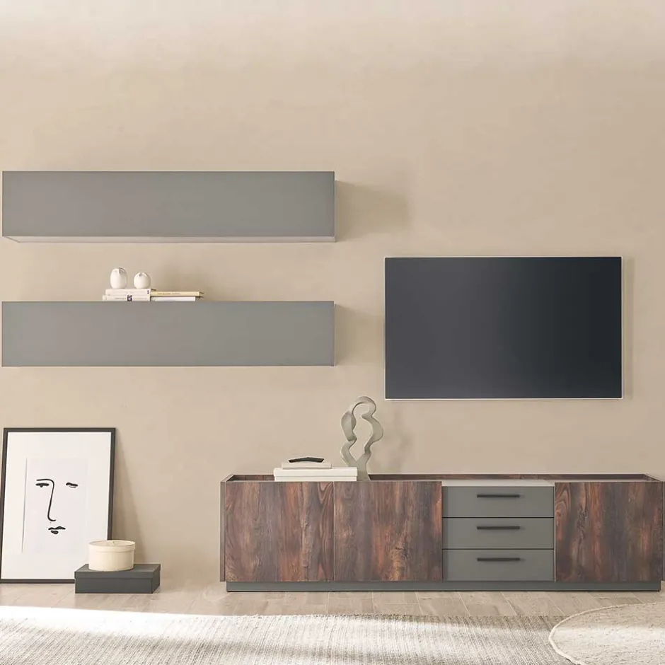 Wohnen TV Kommode und Hängeschränke Set - Mundo (dreiteilig)
