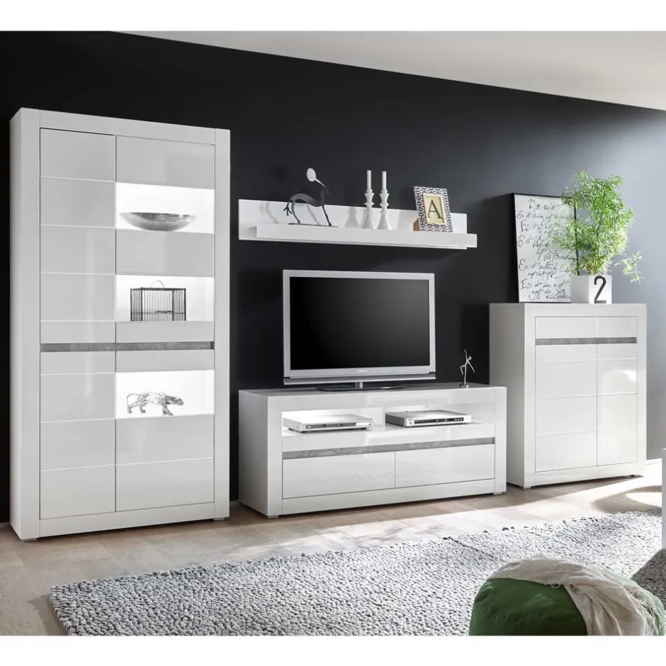 Wohnen TV Wand in Weiß Hochglanz Mextra mit Dekor Beton Optik (vierteilig)