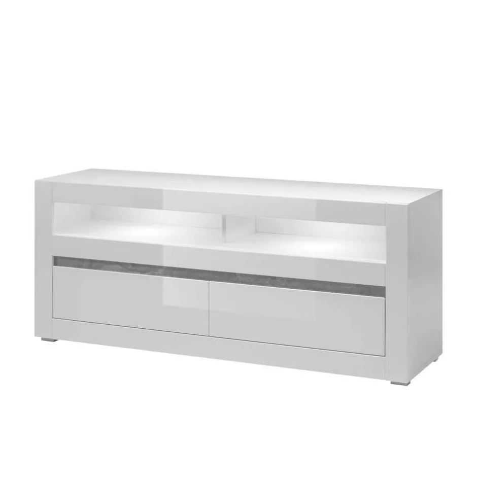 Wohnen TV Wand in Weiß Hochglanz Mextra mit Dekor Beton Optik (vierteilig)