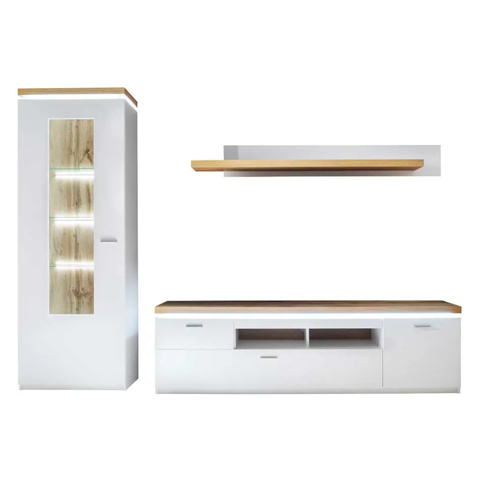 Wohnen TV Wohnwand in Weiß & Dekor Wildeiche - Caldri (dreiteilig)