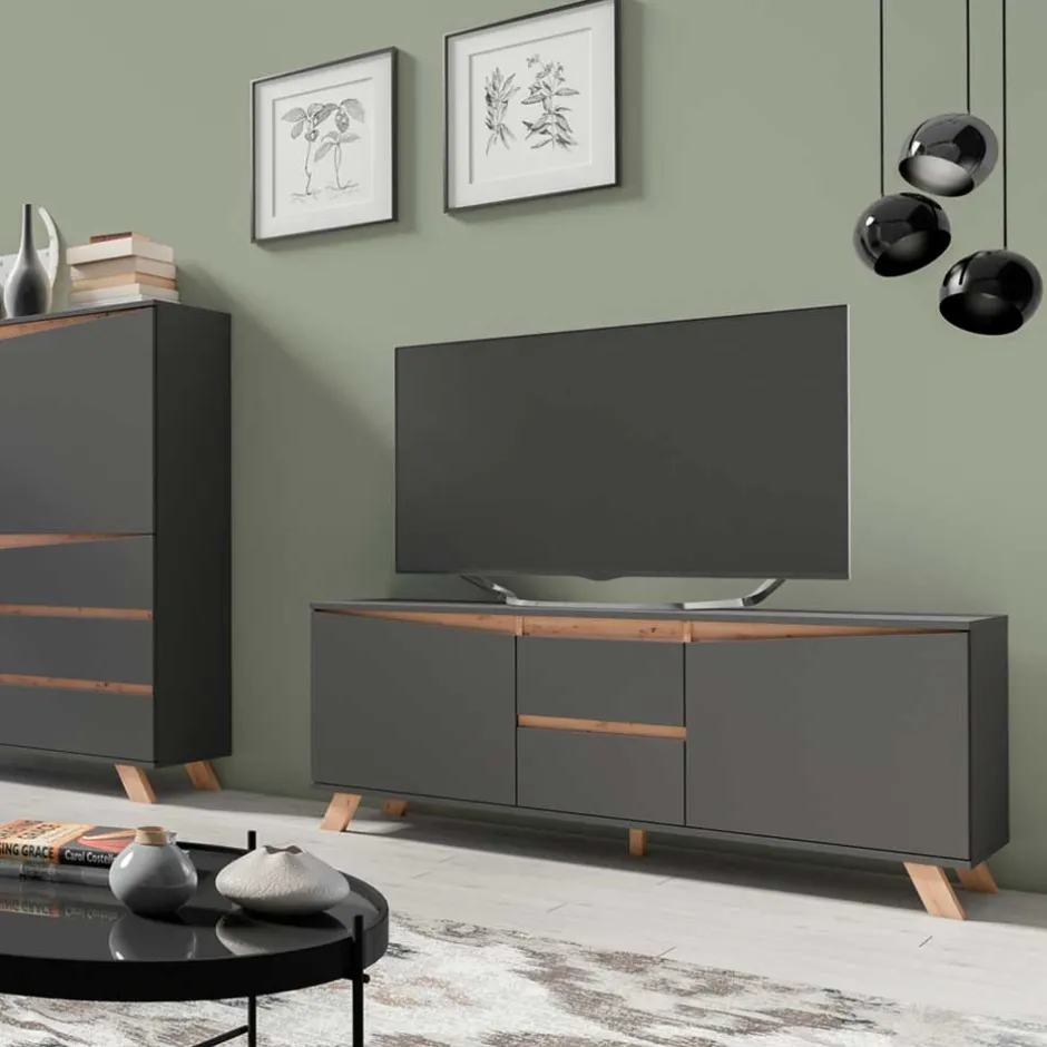 Wohnen TV-Lowboard in Anthrazit mit Wildeiche - Operatiu