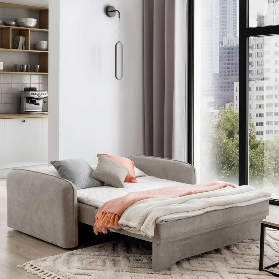 Wohnen Velours Federkerncouch in Beigegrau - Fortinos