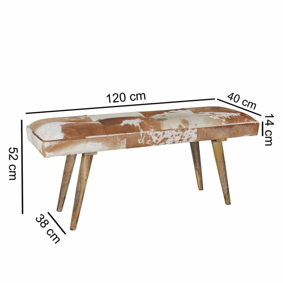 Wohnen Vintage Landhaus Bank Ilusiana mit Fell Leder Holz 120cm