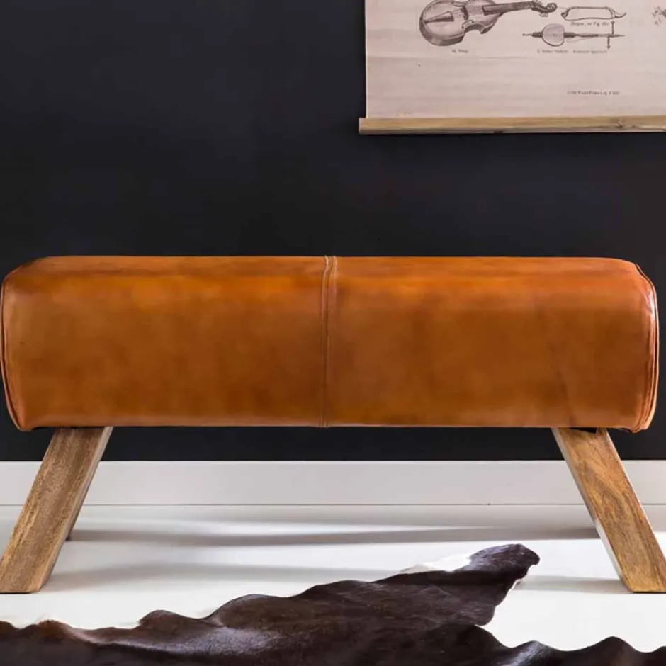 Vintage Lederbank Snog mit Holzgestell rustikal^Wohnen Outlet