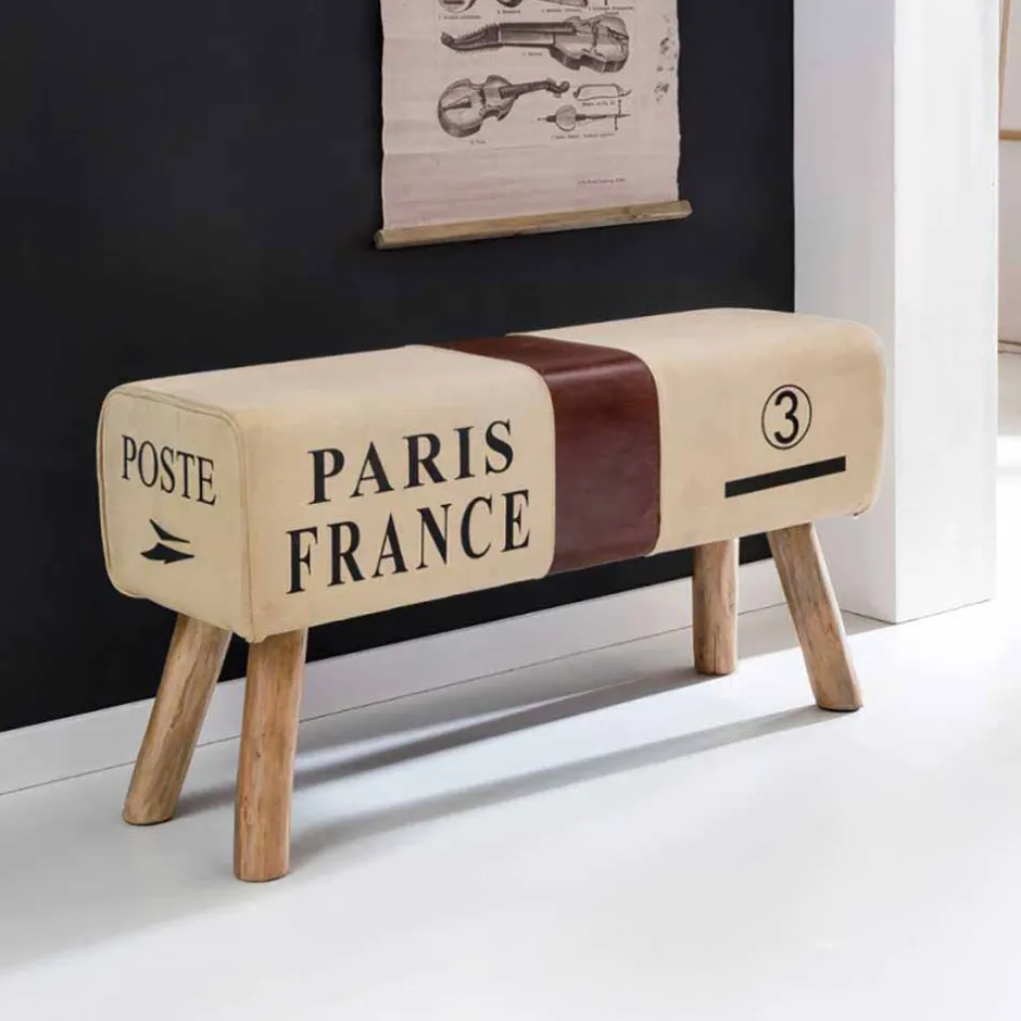 Vintage Polsterbank Clause mit Holz Leinen Echtleder^Wohnen New