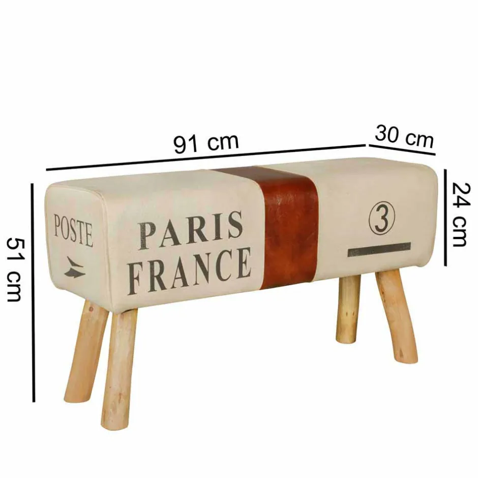 Vintage Polsterbank Clause mit Holz Leinen Echtleder^Wohnen New