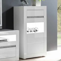 Wohnen Vitrine in Hochglanz Weiß Mextra mit Beton Dekor Absetzung