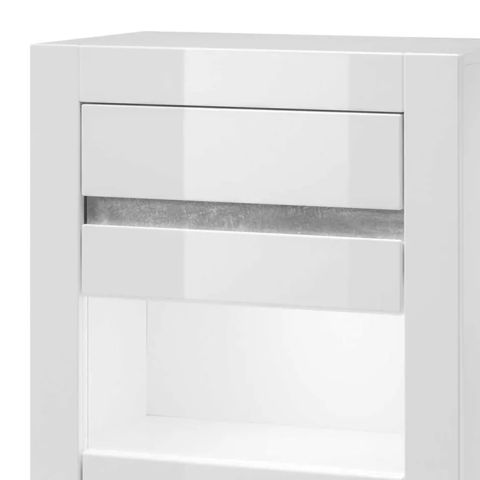 Wohnen Vitrine in Hochglanz Weiß Mextra mit Beton Dekor Absetzung