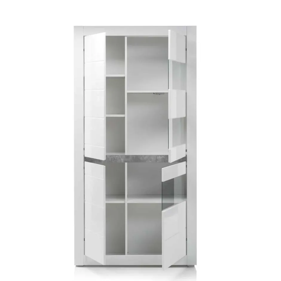 Wohnen Vitrine in Weiß hochglänzend Mextra mit Absetzung Beton Optik