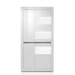 Wohnen Vitrine in Weiß hochglänzend Mextra mit Absetzung Beton Optik