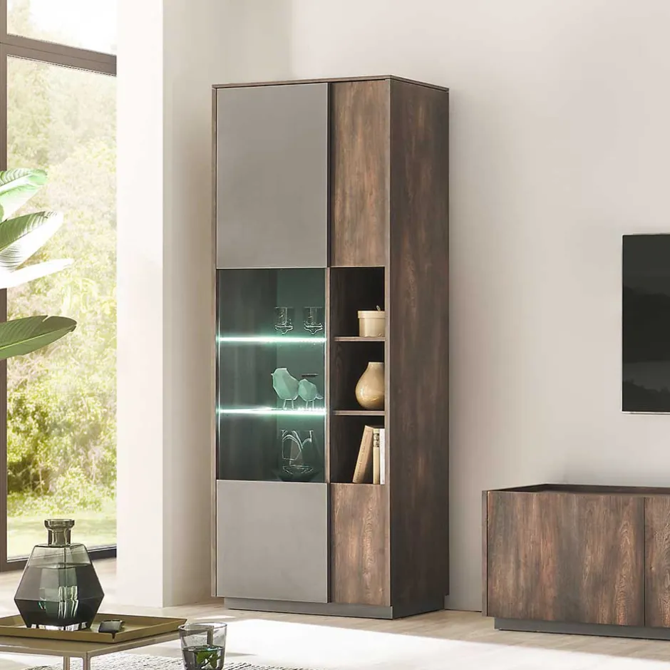 Wohnen Vitrine Schrank in Anthrazit und Eiche Dunkel - Mundo