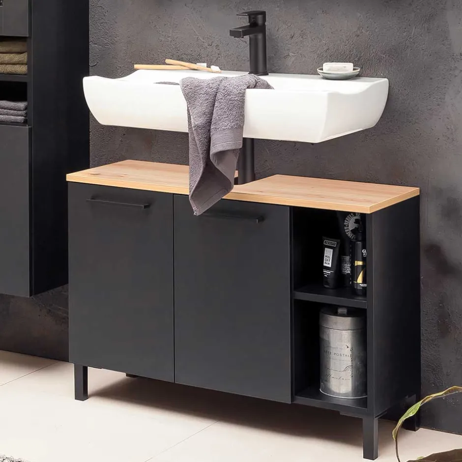Wohnen Waschbeckenunterschrank in Schwarz mit Wildeiche Dekor - Riguna