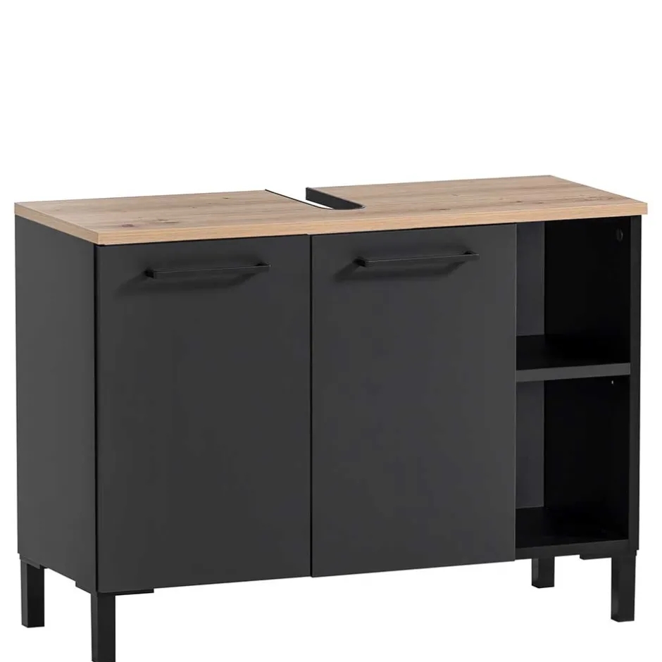 Wohnen Waschbeckenunterschrank in Schwarz mit Wildeiche Dekor - Riguna