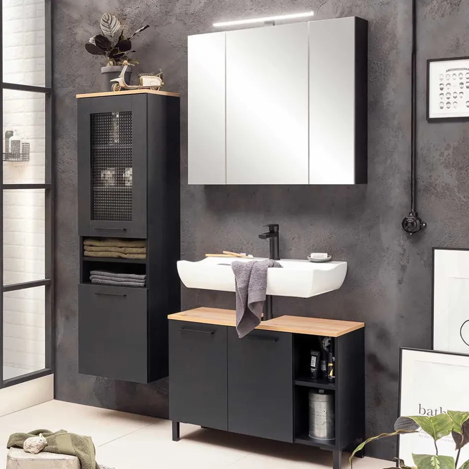 Wohnen Waschbeckenunterschrank in Schwarz mit Wildeiche Dekor - Riguna