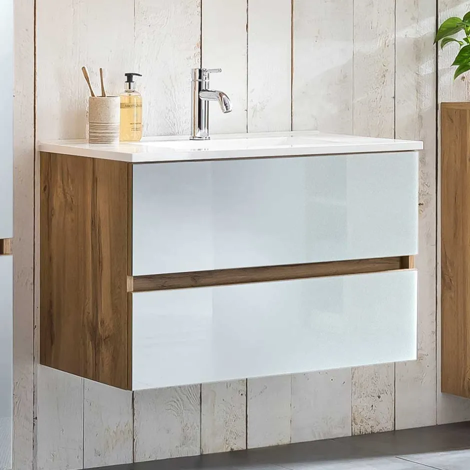 Wohnen Waschtisch Konsole in Weiß & Wildeiche - Vrendina