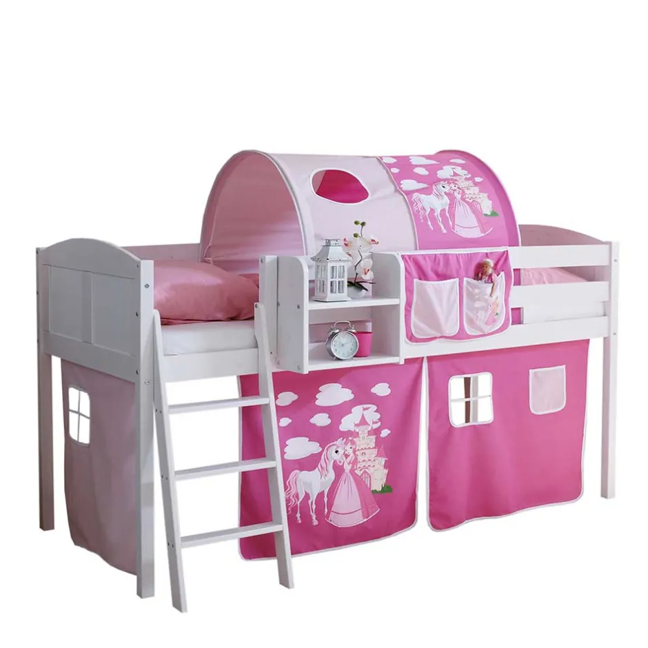 Weiß lackiertes Hochbett Gestell mit Stoff in Pink - Dunyeta^Wohnen Best