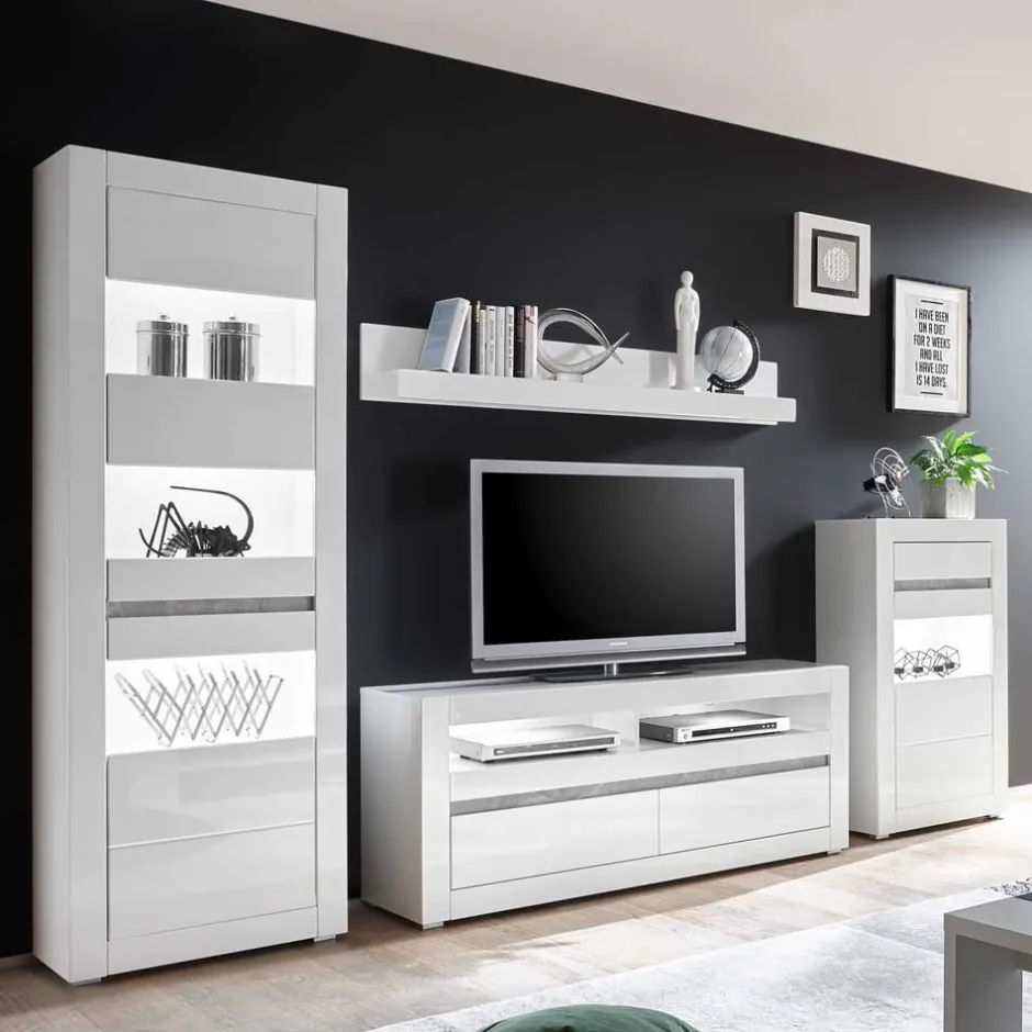Wohnen Weiße Hochglanzmöbel für das Wohnzimmer Mextra optional mit LED (vierteilig)