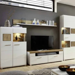 Weiße Wohnwand Lisepio mit Eichen-Elementen (vierteilig)^Wohnen Hot