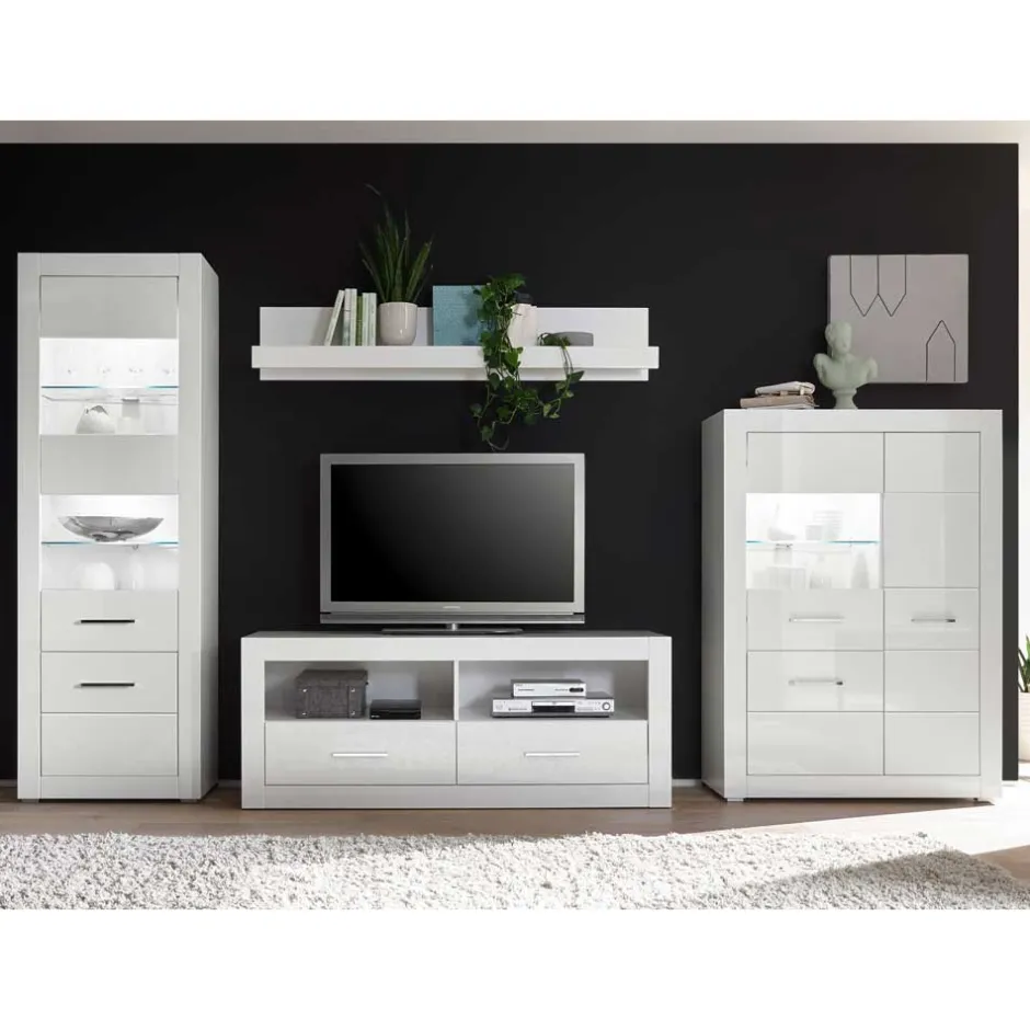 Wohnen Weiße Wohnwand mit Hochglanz Fronten Yulis optional mit Beleuchtung (vierteilig)
