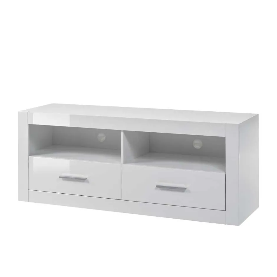 Wohnen Weiße Wohnwand mit Hochglanz Fronten Yulis optional mit Beleuchtung (vierteilig)