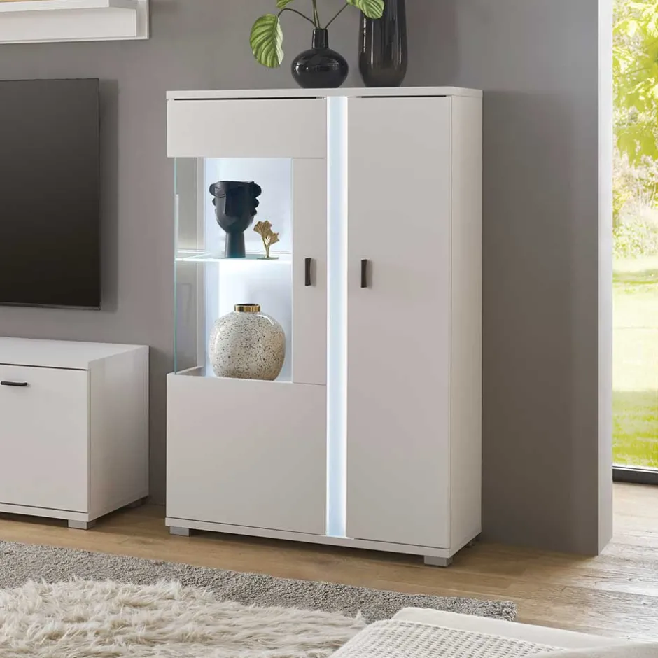 Weißes Highboard mit Glaseinsatz und LED Beleuchtung - Tirol^Wohnen Hot