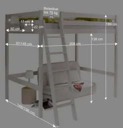 Kinder Wohnen Weißes Hochbett in 90x200 oder 140x200 - Kerfa